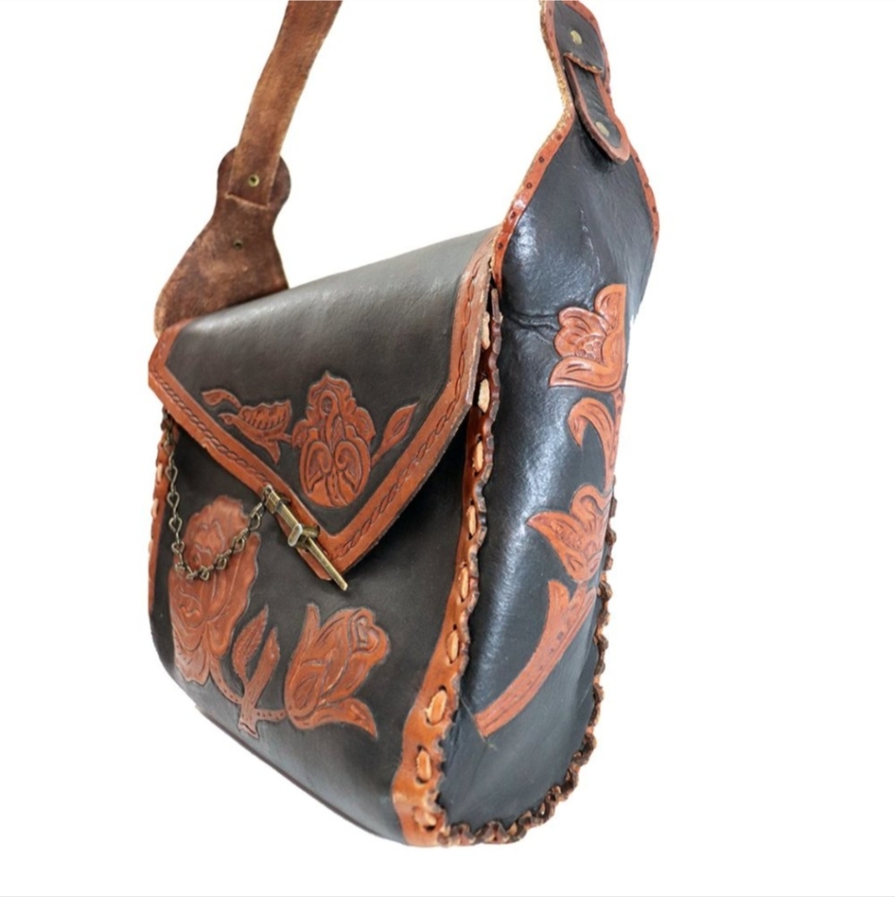 VINTAGE 1970 Hand Tooled Handcrafted Leather Floral Purse Satchel - Picture 3 of 7